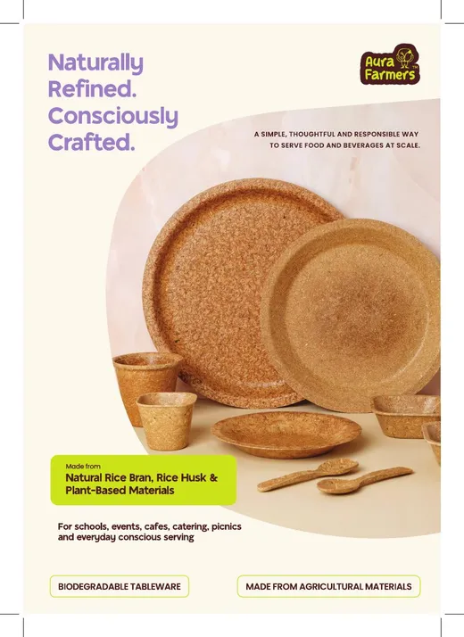 Aura Farmers catalogue cover — biodegradable rice husk tableware